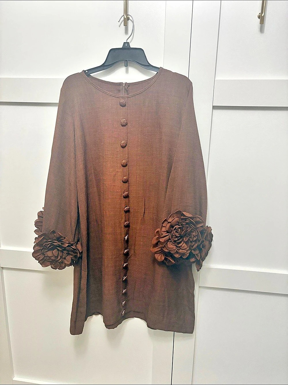 Floral Button-down Mini Dress With Striking Floral Cuffs Brown Blouse